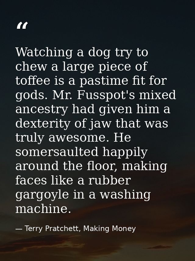 Watching a dog try to chew a large piece of toffee is a pastime fit for gods. Mr. Fusspot's mixed ancestry had given him — Terry Pratchett, Making Money