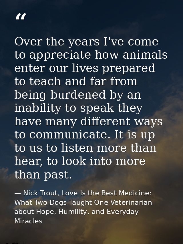 Over the years I've come to appreciate how animals enter our lives prepared to teach and far from being burdened by an i — Nick Trout, Love Is the Best Medicine: What Two Dogs Taught One Veterinarian about Hope, Humility, and Everyday Miracles