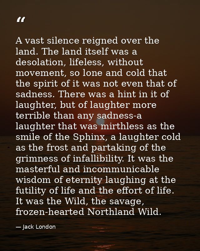 A vast silence reigned over the land. The land itself was a desolation, lifeless, without movement, so lone and cold tha — Jack London