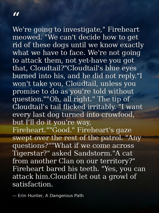 We're going to investigate," Fireheart meowed. "We can't decide how to get rid of these dogs until we know exactly what  — Erin Hunter, A Dangerous Path