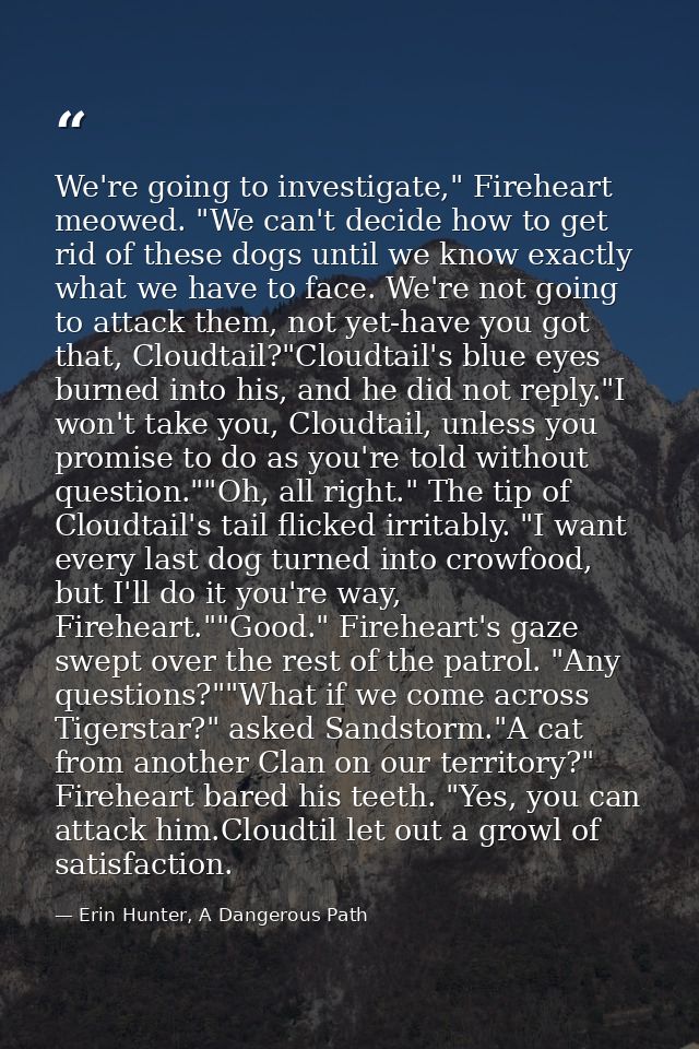 We're going to investigate," Fireheart meowed. "We can't decide how to get rid of these dogs until we know exactly what  — Erin Hunter, A Dangerous Path