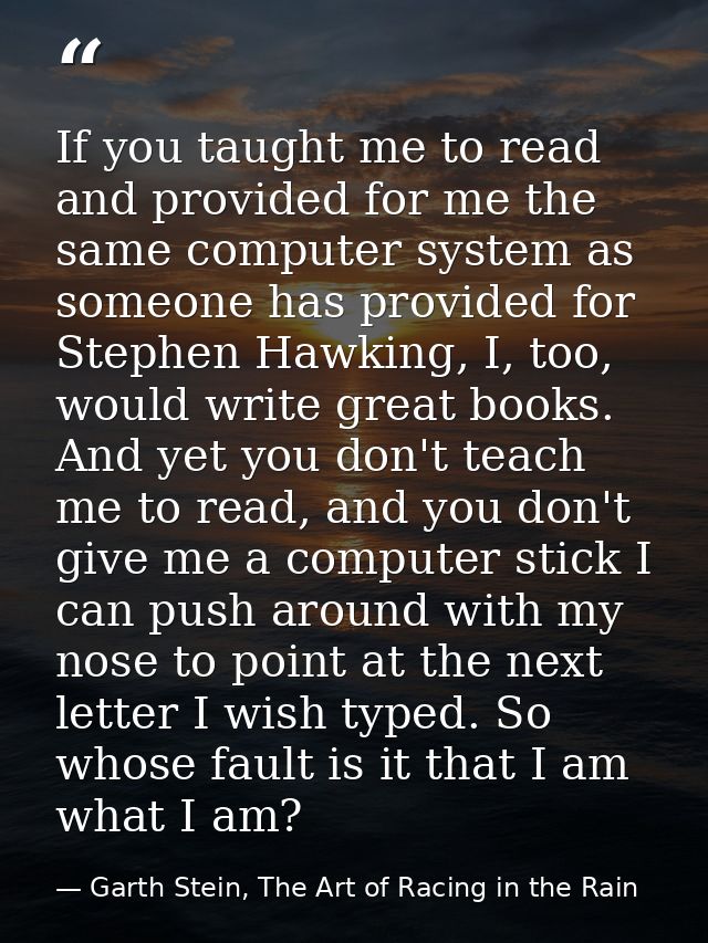 If you taught me to read and provided for me the same computer system as someone has provided for Stephen Hawking, I, to — Garth Stein, The Art of Racing in the Rain