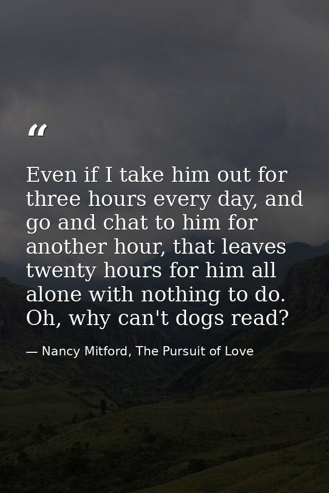Even if I take him out for three hours every day, and go and chat to him for another hour, that leaves twenty hours for  — Nancy Mitford, The Pursuit of Love