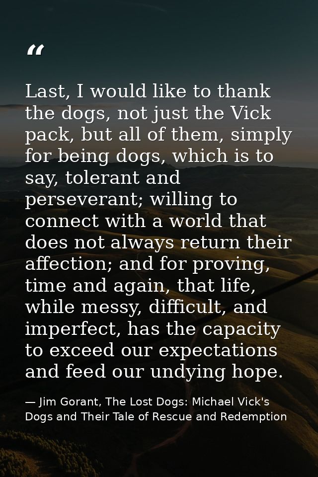 Last, I would like to thank the dogs, not just the Vick pack, but all of them, simply for being dogs, which is to say, t — Jim Gorant, The Lost Dogs: Michael Vick's Dogs and Their Tale of Rescue and Redemption