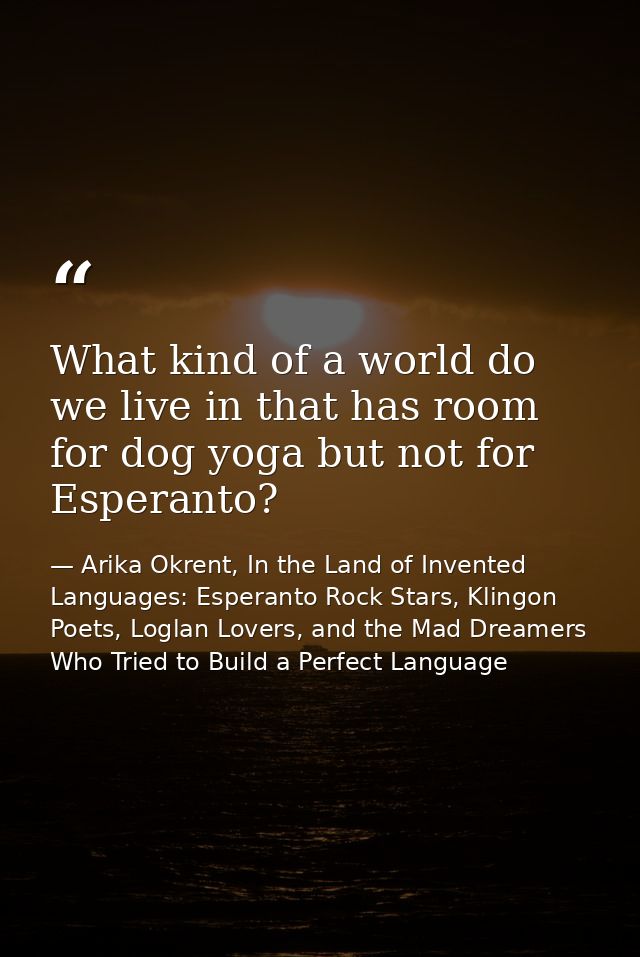 What kind of a world do we live in that has room for dog yoga but not for Esperanto? — Arika Okrent, In the Land of Invented Languages: Esperanto Rock Stars, Klingon Poets, Loglan Lovers, and the Mad Dreamers Who Tried to Build a Perfect Language
