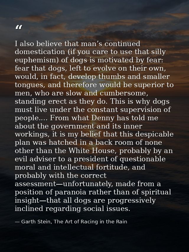 I also believe that man’s continued domestication (if you care to use that silly euphemism) of dogs is motivated by fear — Garth Stein, The Art of Racing in the Rain