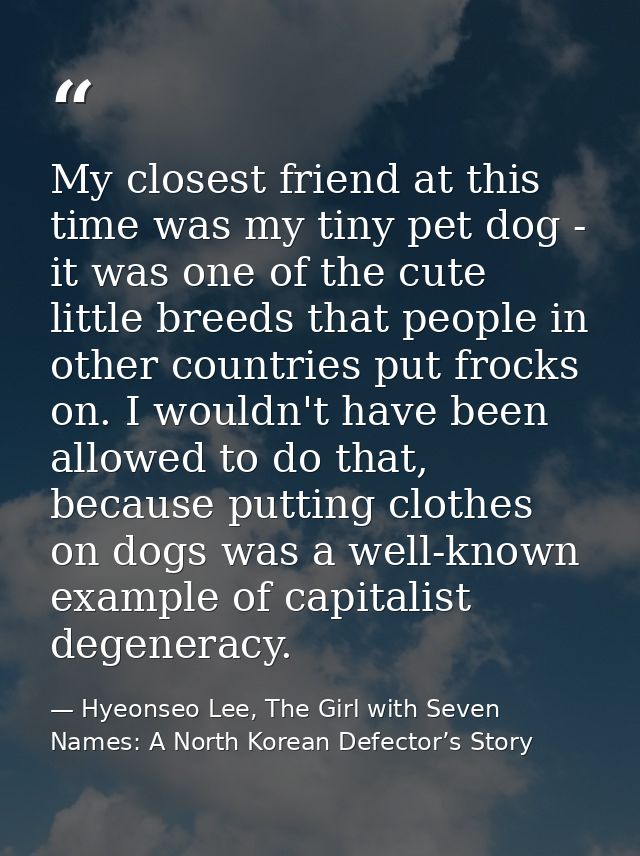 My closest friend at this time was my tiny pet dog - it was one of the cute little breeds that people in other countries — Hyeonseo Lee, The Girl with Seven Names: A North Korean Defector’s Story