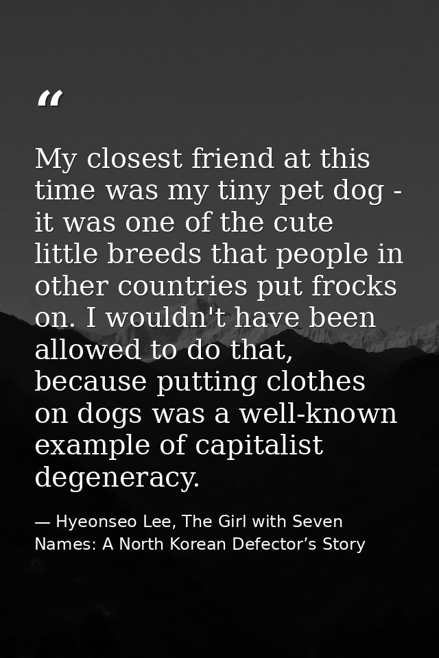 My closest friend at this time was my tiny pet dog - it was one of the cute little breeds that people in other countries — Hyeonseo Lee, The Girl with Seven Names: A North Korean Defector’s Story