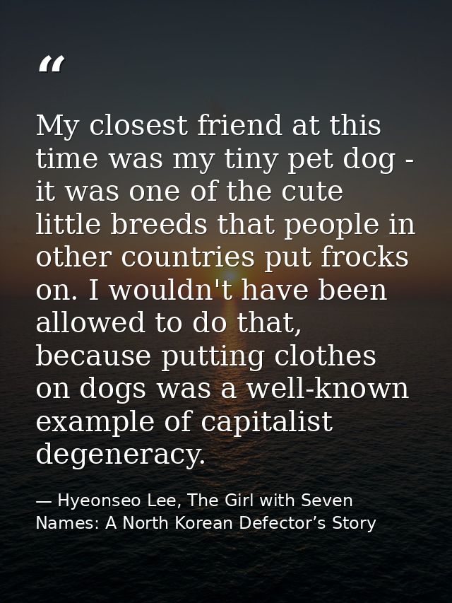 My closest friend at this time was my tiny pet dog - it was one of the cute little breeds that people in other countries — Hyeonseo Lee, The Girl with Seven Names: A North Korean Defector’s Story
