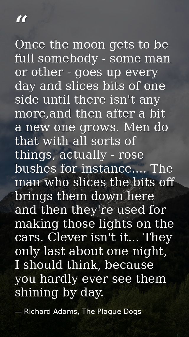 Once the moon gets to be full somebody - some man or other - goes up every day and slices bits of one side until there i — Richard Adams, The Plague Dogs