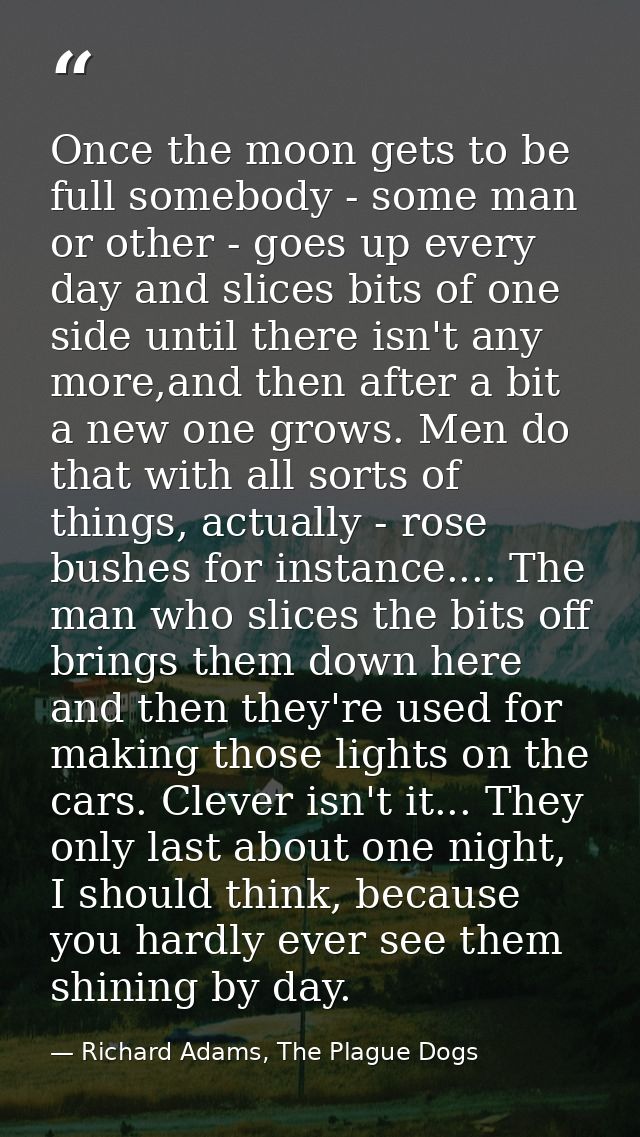 Once the moon gets to be full somebody - some man or other - goes up every day and slices bits of one side until there i — Richard Adams, The Plague Dogs