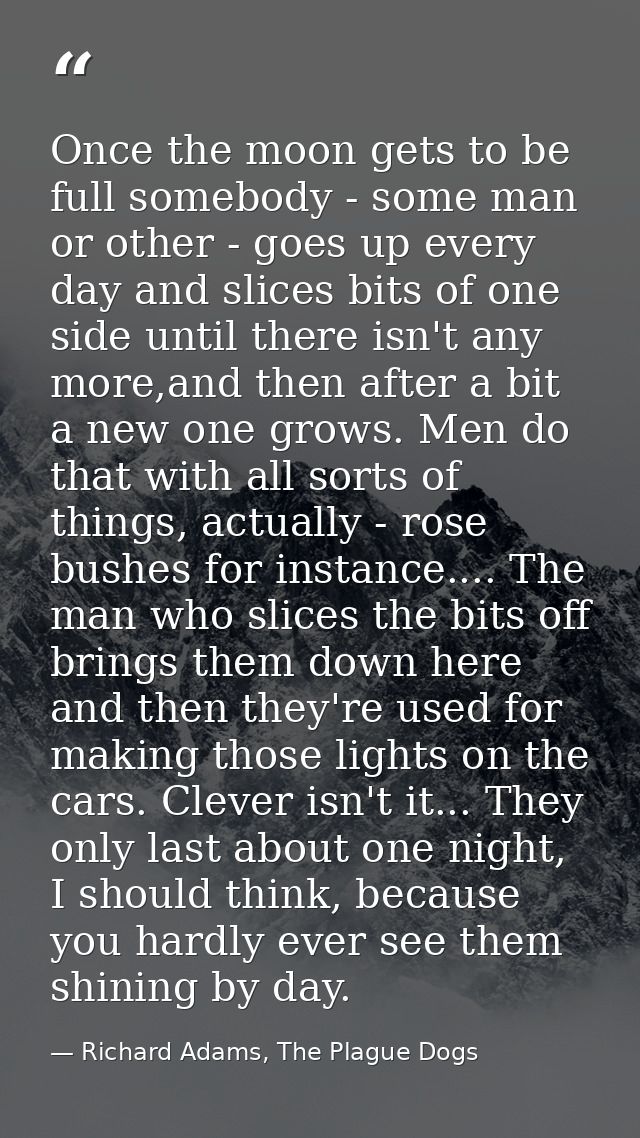 Once the moon gets to be full somebody - some man or other - goes up every day and slices bits of one side until there i — Richard Adams, The Plague Dogs