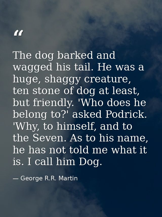 The dog barked and wagged his tail. He was a huge, shaggy creature, ten stone of dog at least, but friendly. 'Who does h — George R.R. Martin