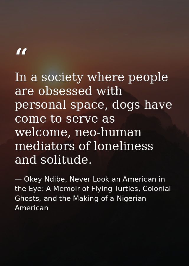 In a society where people are obsessed with personal space, dogs have come to serve as welcome, neo-human mediators of l — Okey Ndibe, Never Look an American in the Eye: A Memoir of Flying Turtles, Colonial Ghosts, and the Making of a Nigerian American