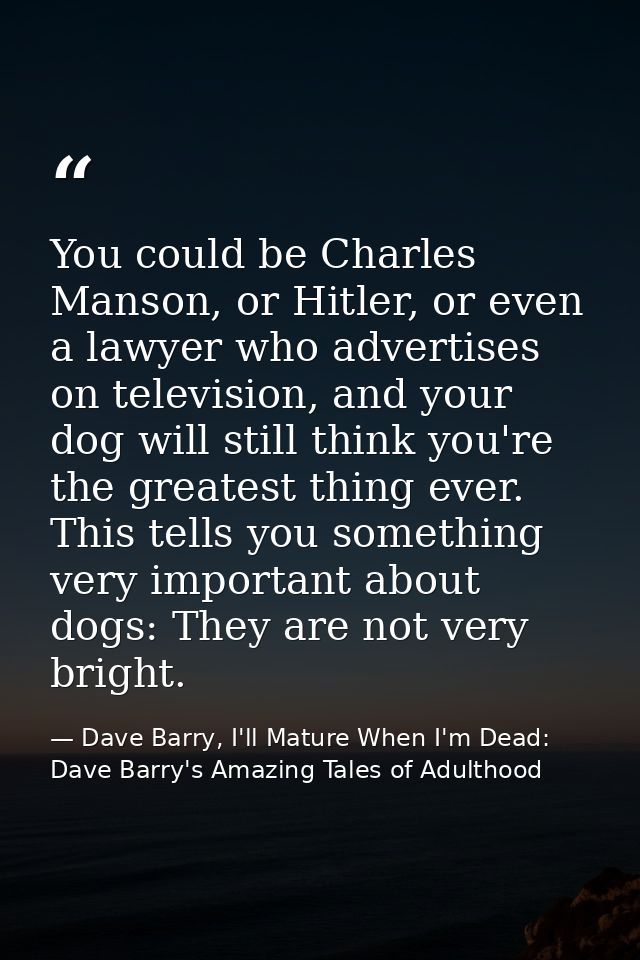 You could be Charles Manson, or Hitler, or even a lawyer who advertises on television, and your dog will still think you — Dave Barry, I'll Mature When I'm Dead: Dave Barry's Amazing Tales of Adulthood
