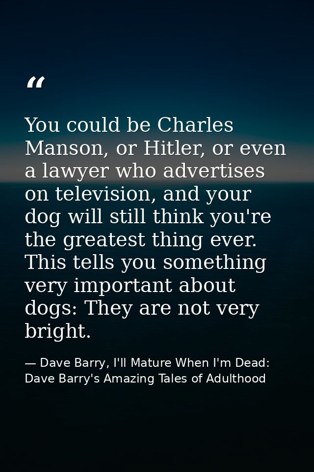 You could be Charles Manson, or Hitler, or even a lawyer who advertises on television, and your dog will still think you — Dave Barry, I'll Mature When I'm Dead: Dave Barry's Amazing Tales of Adulthood