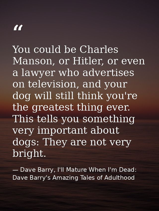 You could be Charles Manson, or Hitler, or even a lawyer who advertises on television, and your dog will still think you — Dave Barry, I'll Mature When I'm Dead: Dave Barry's Amazing Tales of Adulthood