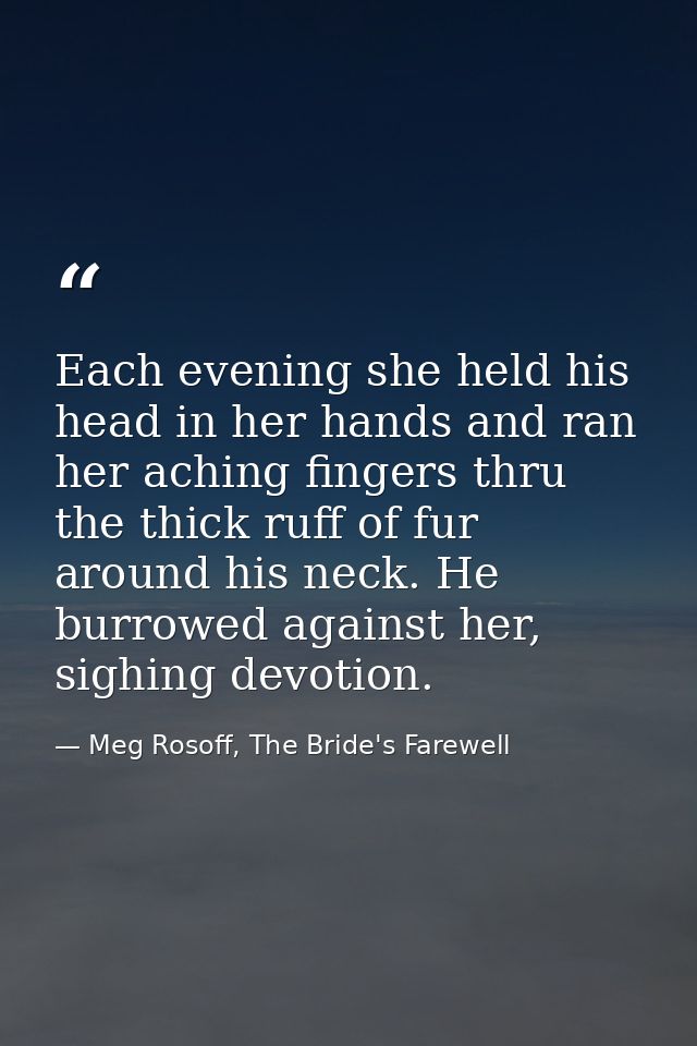 Each evening she held his head in her hands and ran her aching fingers thru the thick ruff of fur around his neck. He bu — Meg Rosoff, The Bride's Farewell