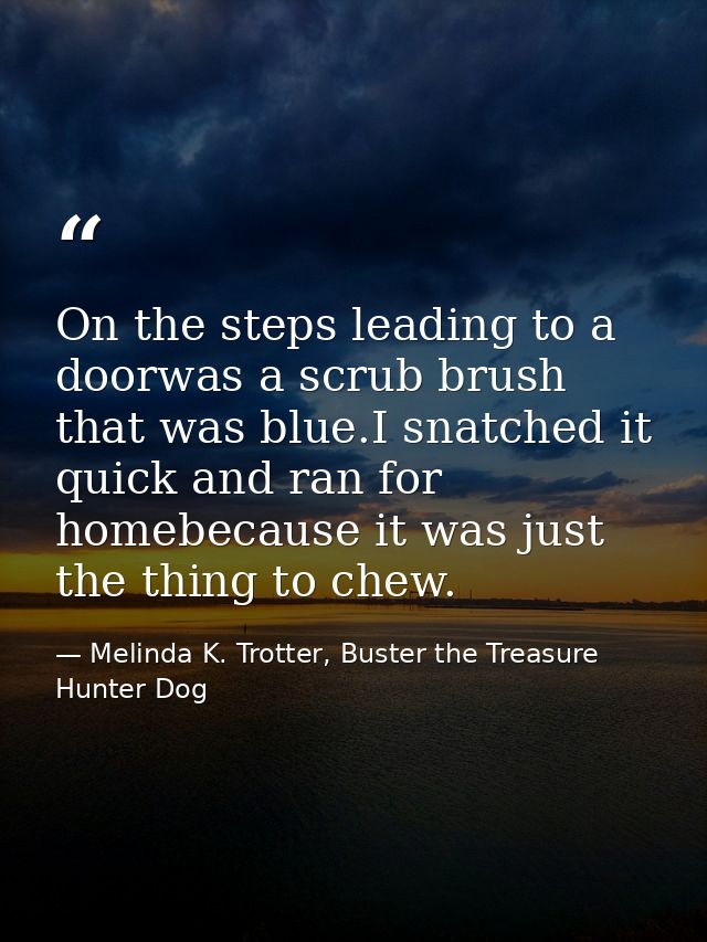 On the steps leading to a doorwas a scrub brush that was blue.I snatched it quick and ran for homebecause it was just th — Melinda K. Trotter, Buster the Treasure Hunter Dog