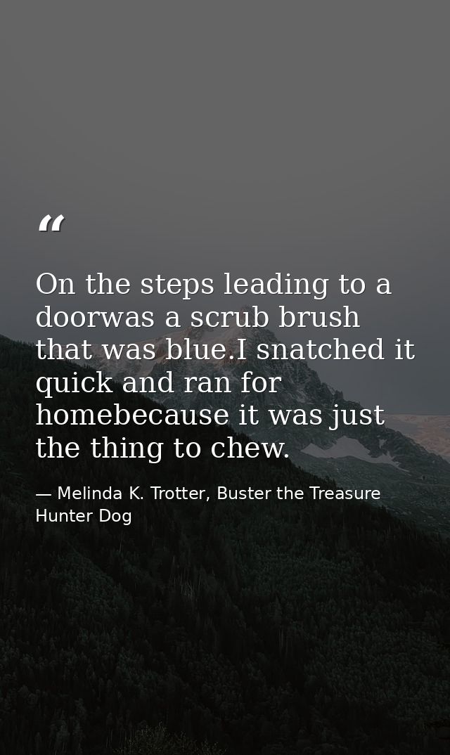 On the steps leading to a doorwas a scrub brush that was blue.I snatched it quick and ran for homebecause it was just th — Melinda K. Trotter, Buster the Treasure Hunter Dog