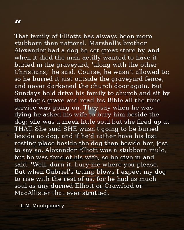 That family of Elliotts has always been more stubborn than natteral. Marshall's brother Alexander had a dog he set great — L.M. Montgomery