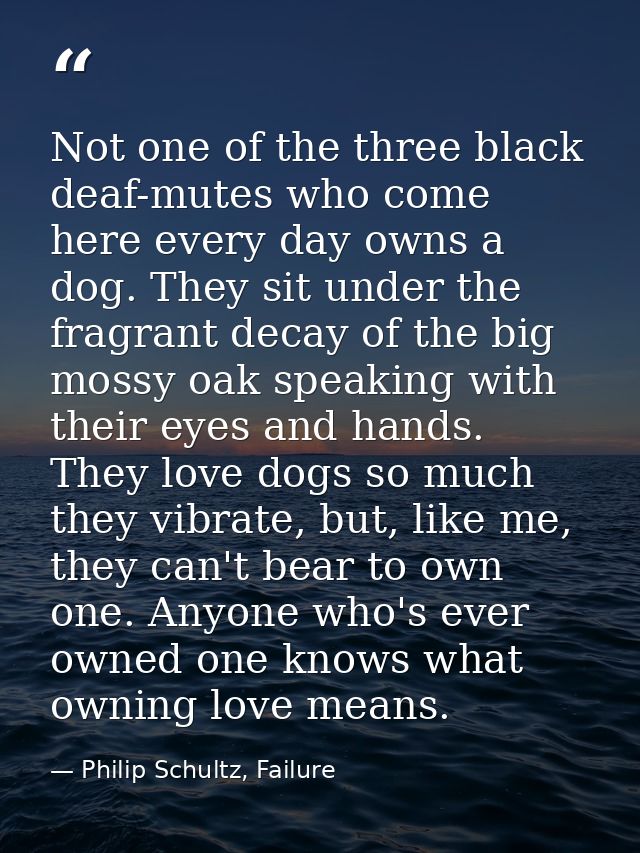 Not one of the three black deaf-mutes who come here every day owns a dog. They sit under the fragrant decay of the big m — Philip Schultz, Failure