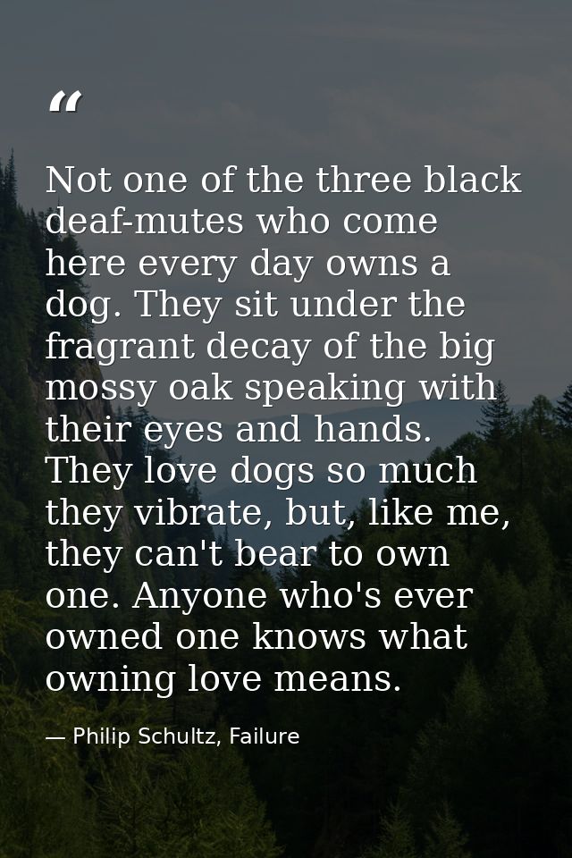 Not one of the three black deaf-mutes who come here every day owns a dog. They sit under the fragrant decay of the big m — Philip Schultz, Failure