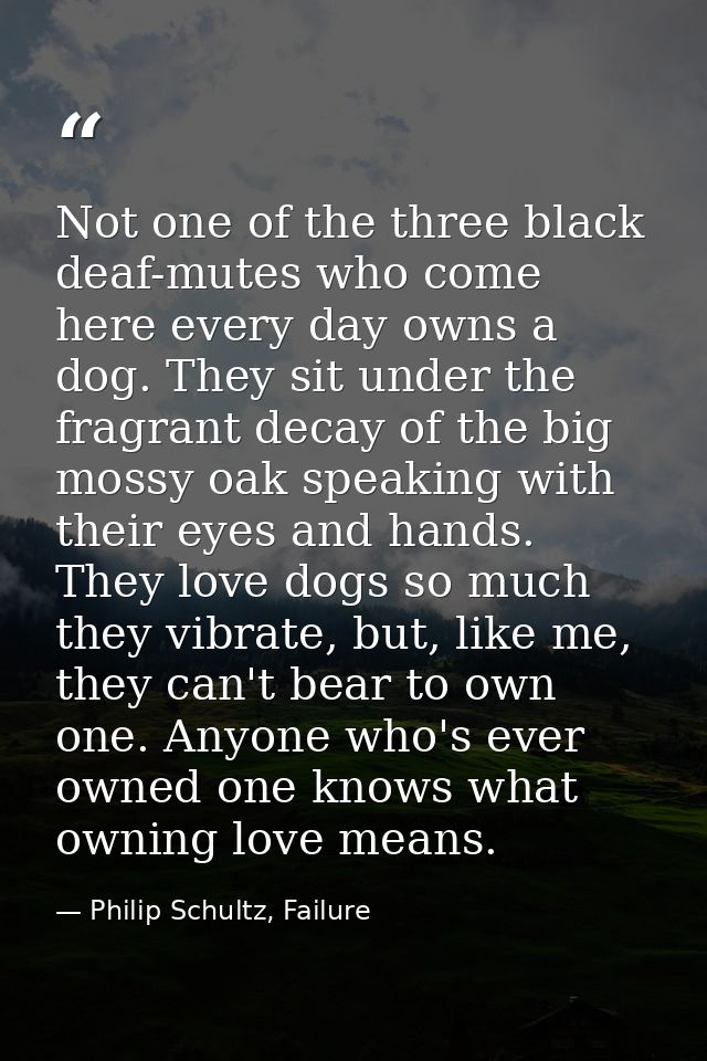 Not one of the three black deaf-mutes who come here every day owns a dog. They sit under the fragrant decay of the big m — Philip Schultz, Failure