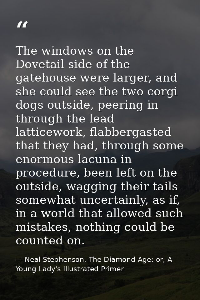 The windows on the Dovetail side of the gatehouse were larger, and she could see the two corgi dogs outside, peering in  — Neal Stephenson, The Diamond Age: or, A Young Lady's Illustrated Primer