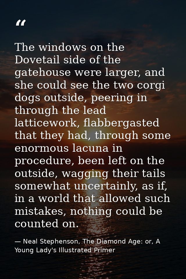 The windows on the Dovetail side of the gatehouse were larger, and she could see the two corgi dogs outside, peering in  — Neal Stephenson, The Diamond Age: or, A Young Lady's Illustrated Primer