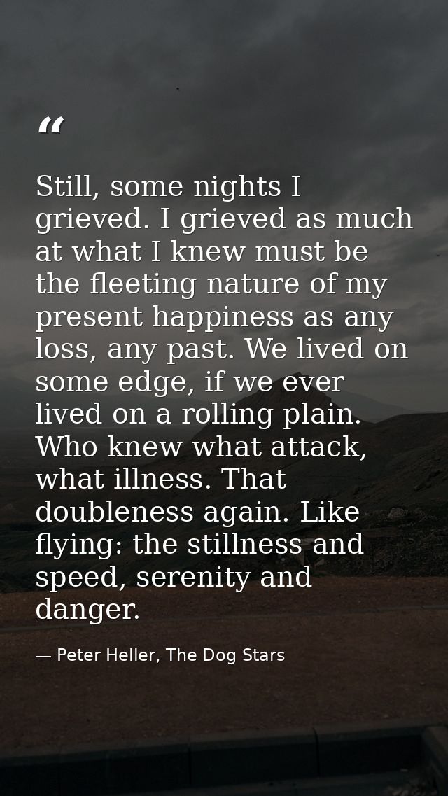 Still, some nights I grieved. I grieved as much at what I knew must be the fleeting nature of my present happiness as an — Peter Heller, The Dog Stars