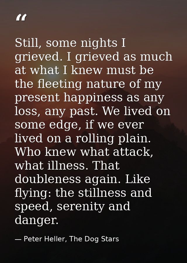Still, some nights I grieved. I grieved as much at what I knew must be the fleeting nature of my present happiness as an — Peter Heller, The Dog Stars