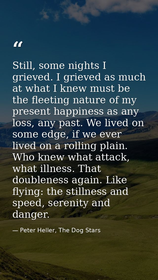 Still, some nights I grieved. I grieved as much at what I knew must be the fleeting nature of my present happiness as an — Peter Heller, The Dog Stars