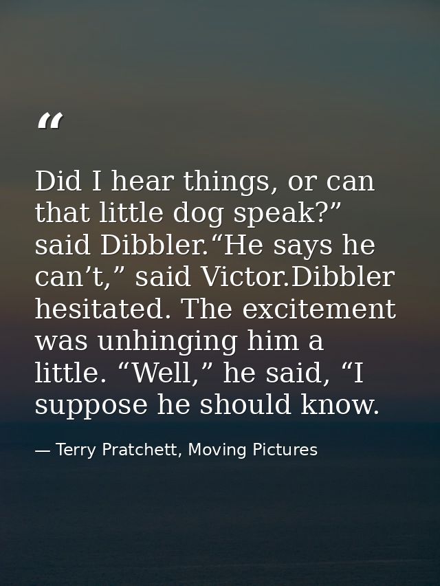 Did I hear things, or can that little dog speak?” said Dibbler.“He says he can’t,” said Victor.Dibbler hesitated. The ex — Terry Pratchett, Moving Pictures