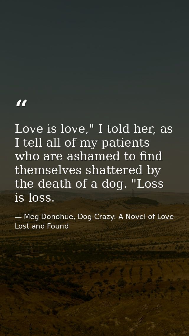 Love is love," I told her, as I tell all of my patients who are ashamed to find themselves shattered by the death of a d — Meg Donohue, Dog Crazy: A Novel of Love Lost and Found