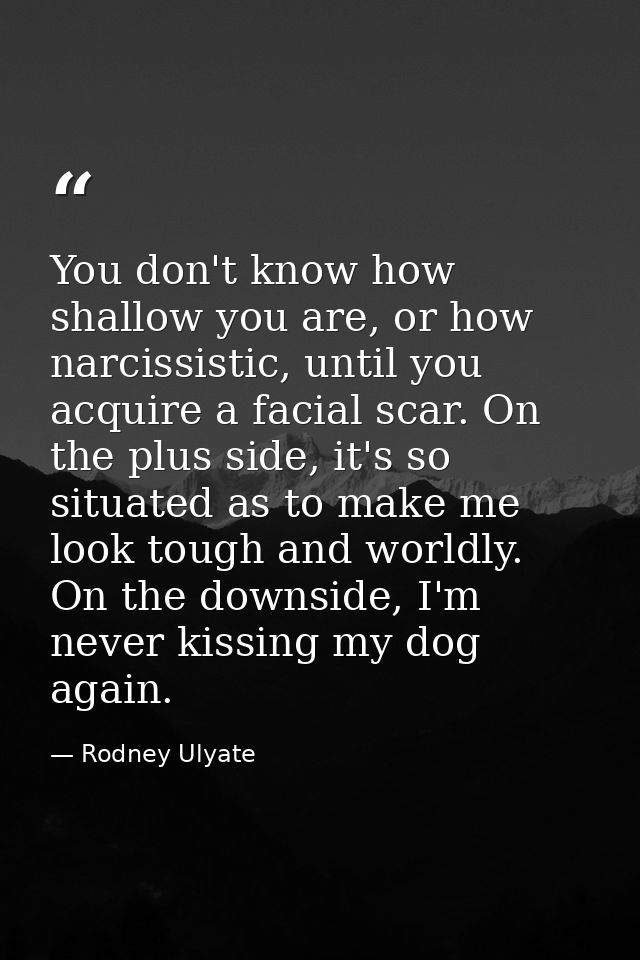 You don't know how shallow you are, or how narcissistic, until you acquire a facial scar. On the plus side, it's so situ — Rodney Ulyate