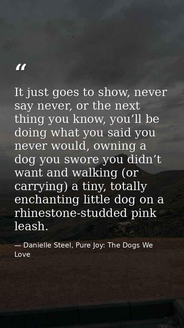 It just goes to show, never say never, or the next thing you know, you’ll be doing what you said you never would, owning — Danielle Steel, Pure Joy: The Dogs We Love