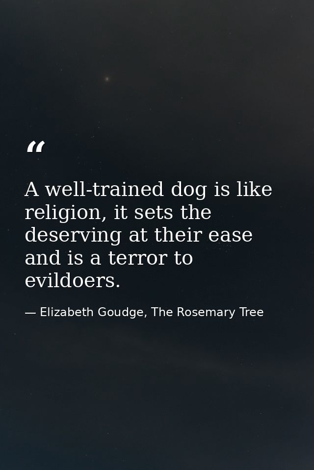 A well-trained dog is like religion, it sets the deserving at their ease and is a terror to evildoers. — Elizabeth Goudge, The Rosemary Tree
