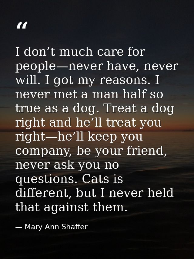 I don’t much care for people—never have, never will. I got my reasons. I never met a man half so true as a dog. Treat a  — Mary Ann Shaffer