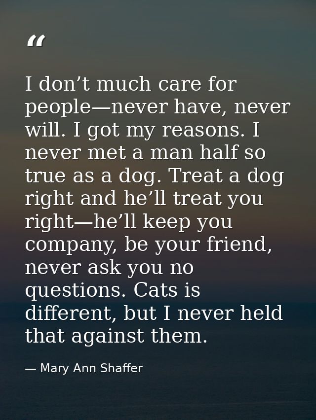 I don’t much care for people—never have, never will. I got my reasons. I never met a man half so true as a dog. Treat a  — Mary Ann Shaffer