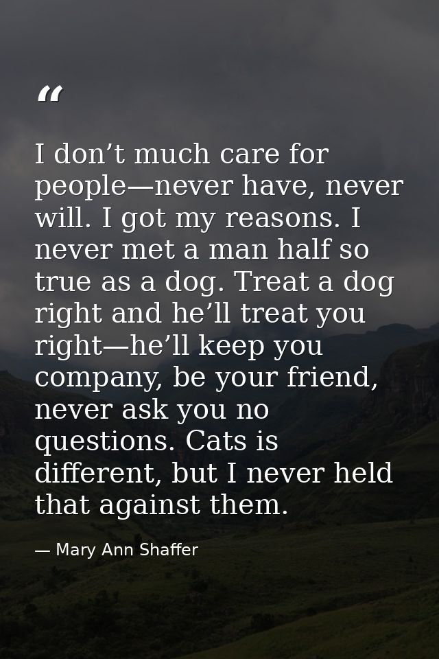 I don’t much care for people—never have, never will. I got my reasons. I never met a man half so true as a dog. Treat a  — Mary Ann Shaffer