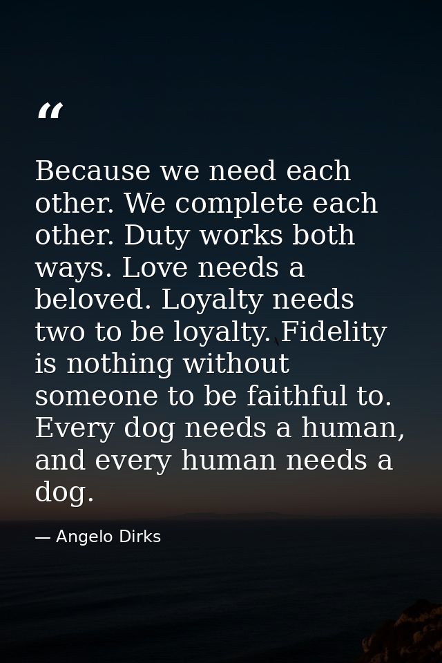 Because we need each other. We complete each other. Duty works both ways. Love needs a beloved. Loyalty needs two to be  — Angelo Dirks