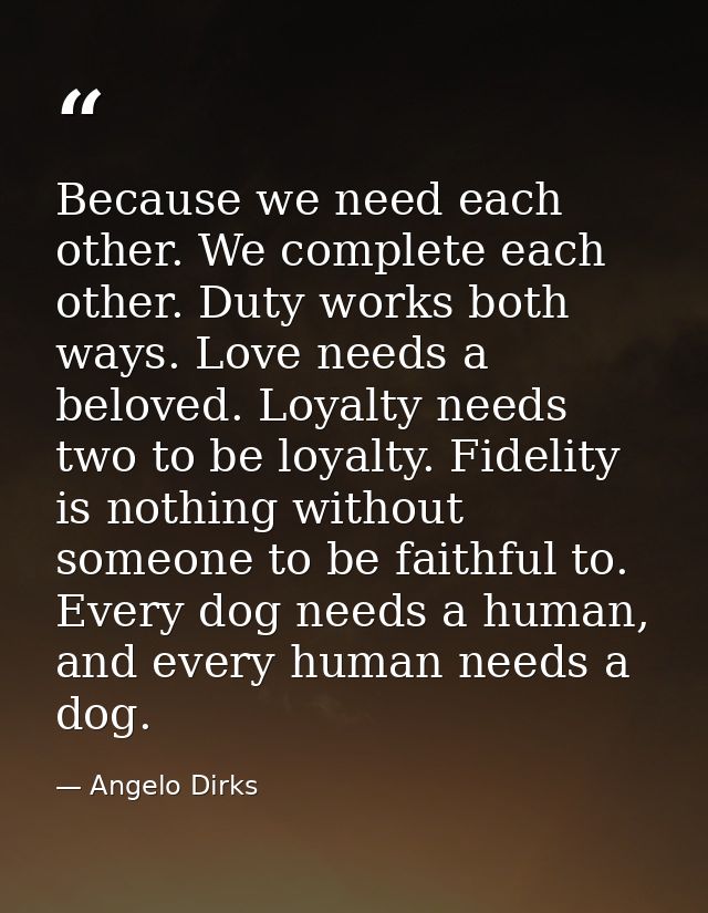 Because we need each other. We complete each other. Duty works both ways. Love needs a beloved. Loyalty needs two to be  — Angelo Dirks