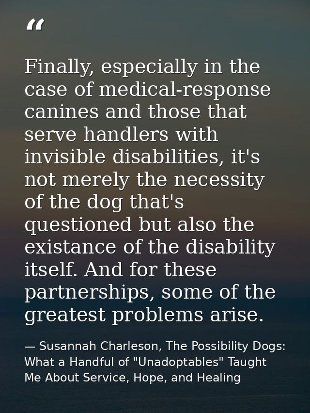 Finally, especially in the case of medical-response canines and those that serve handlers with invisible disabilities, i — Susannah Charleson, The Possibility Dogs: What a Handful of "Unadoptables" Taught Me About Service, Hope, and Healing
