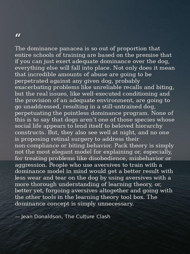 The dominance panacea is so out of proportion that entire schools of training are based on the premise that if you can j — Jean Donaldson, The Culture Clash