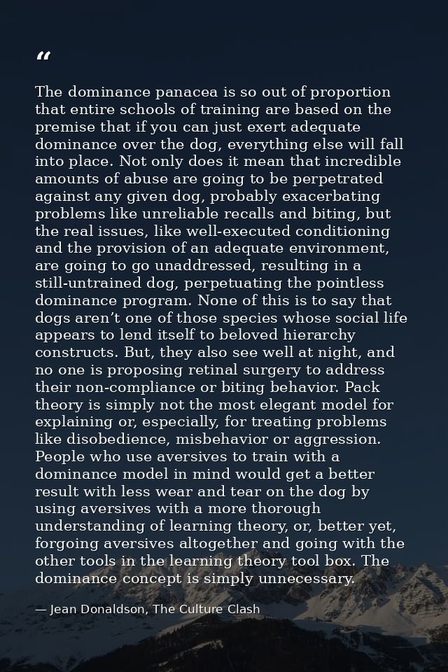 The dominance panacea is so out of proportion that entire schools of training are based on the premise that if you can j — Jean Donaldson, The Culture Clash