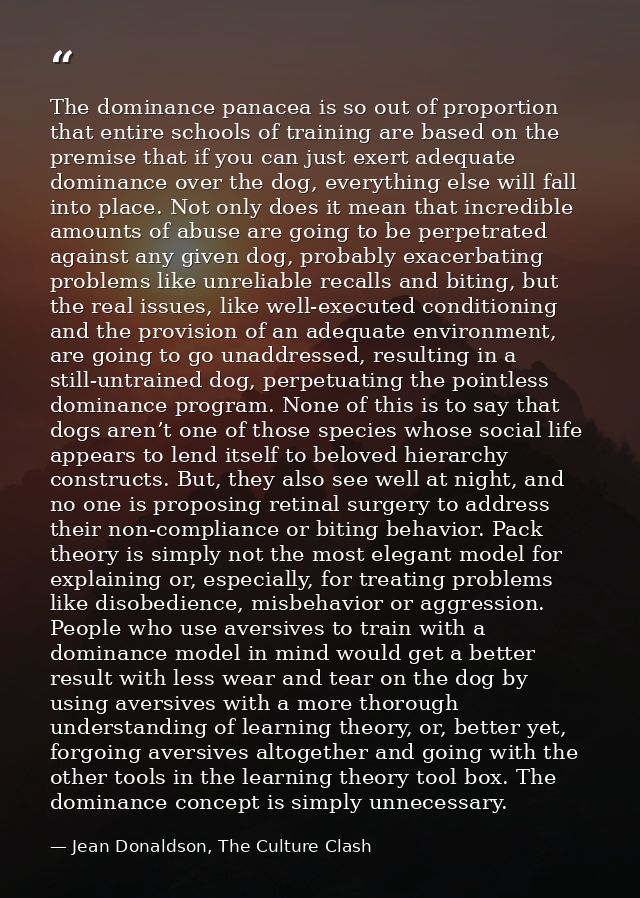 The dominance panacea is so out of proportion that entire schools of training are based on the premise that if you can j — Jean Donaldson, The Culture Clash