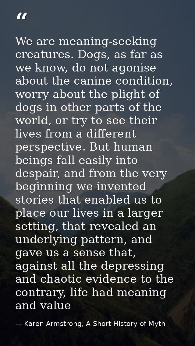We are meaning-seeking creatures. Dogs, as far as we know, do not agonise about the canine condition, worry about the pl — Karen Armstrong, A Short History of Myth
