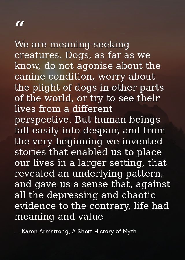 We are meaning-seeking creatures. Dogs, as far as we know, do not agonise about the canine condition, worry about the pl — Karen Armstrong, A Short History of Myth