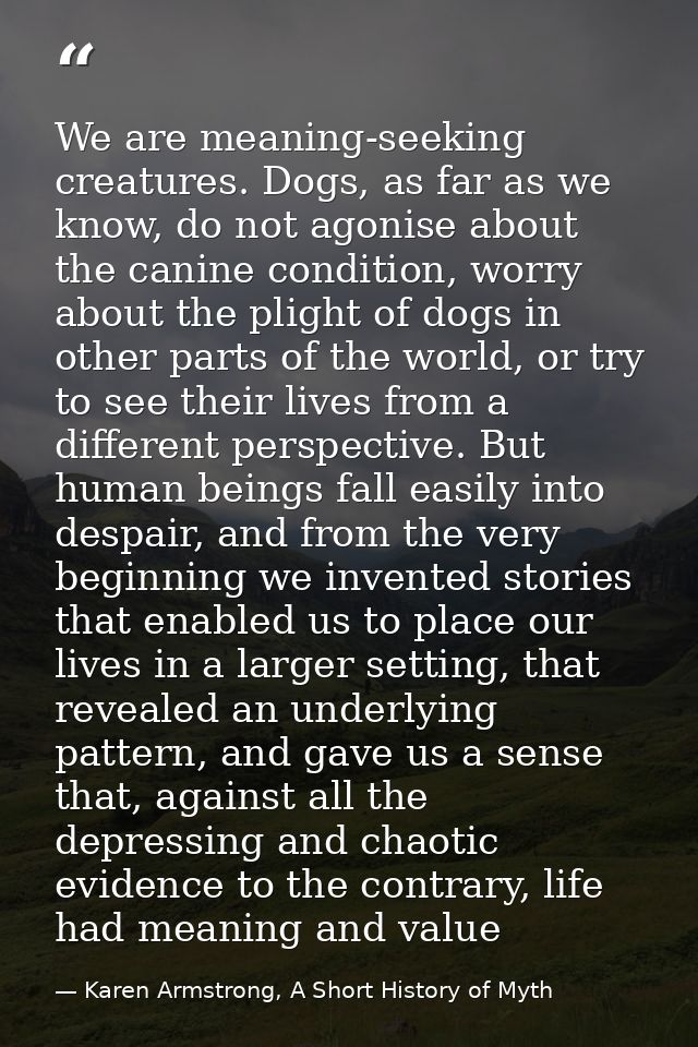 We are meaning-seeking creatures. Dogs, as far as we know, do not agonise about the canine condition, worry about the pl — Karen Armstrong, A Short History of Myth